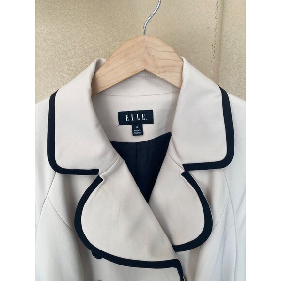 ELLE Women’s Double-Breasted Belted Trench Coat Size 16 Cream w/Black Piping - Picture 3 of 13